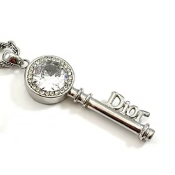 Christian Dior Rhinestone Silver Key Pendant For Necklace Women's - Picture 1 of 7